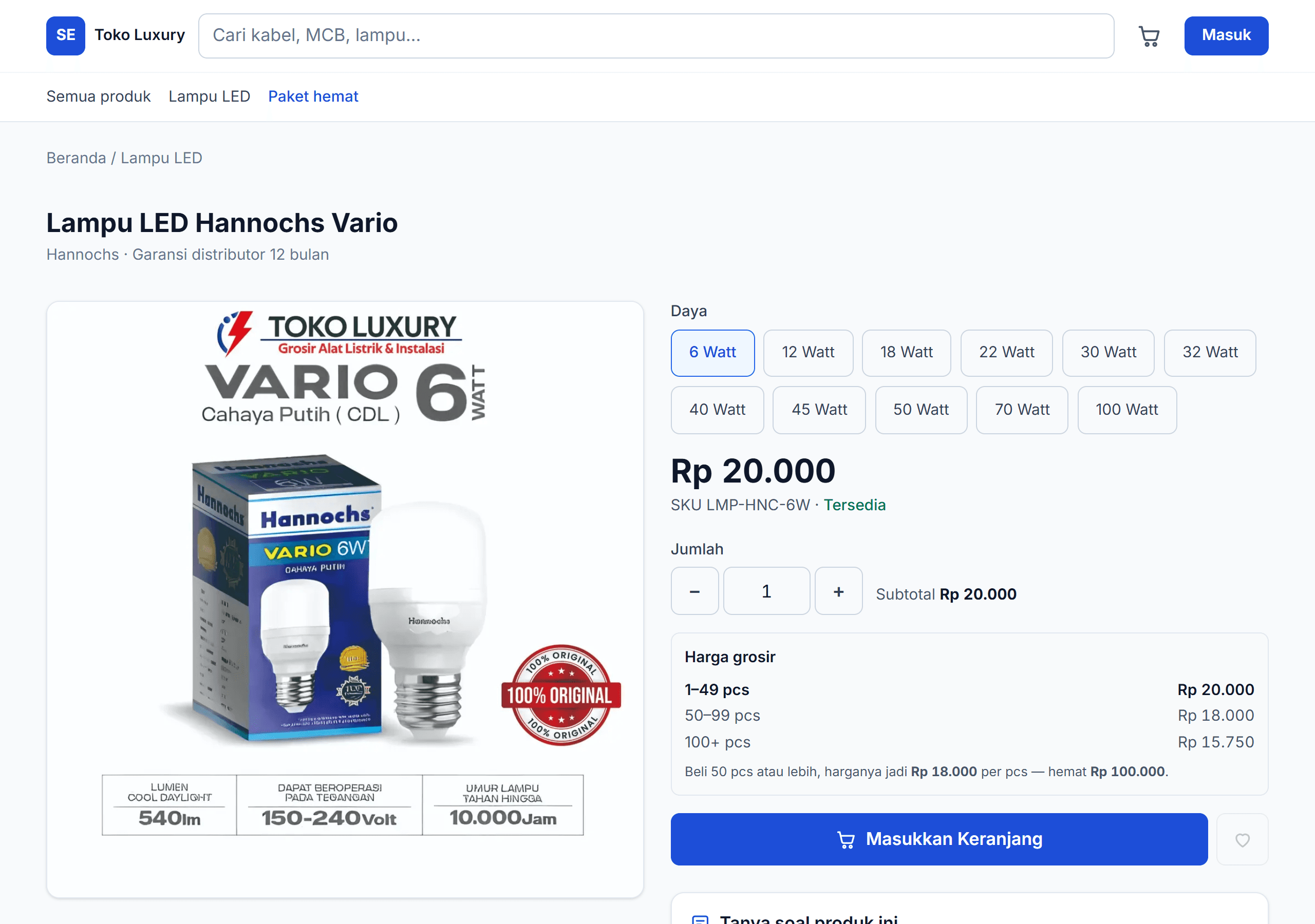 Halaman produk: pemilih daya, kolom jumlah, dan tabel harga grosir